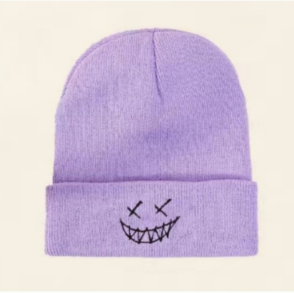 CUTE HAT Beanie Smile Face Embroidered smiley knitted  Beanie Cap Rolled-edgeNEW - Picture 7 of 8